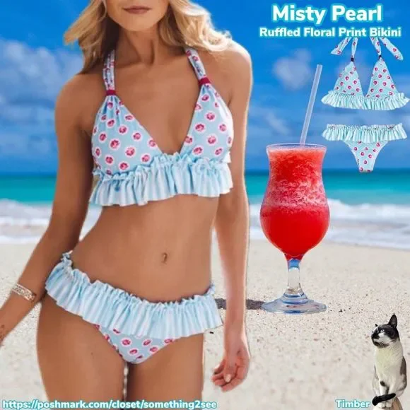 NIB $59 Misty Pearl | Ruffled Bikini | Floral & Coastal Stripes | Nylon/Spandex - Picture 1 of 6